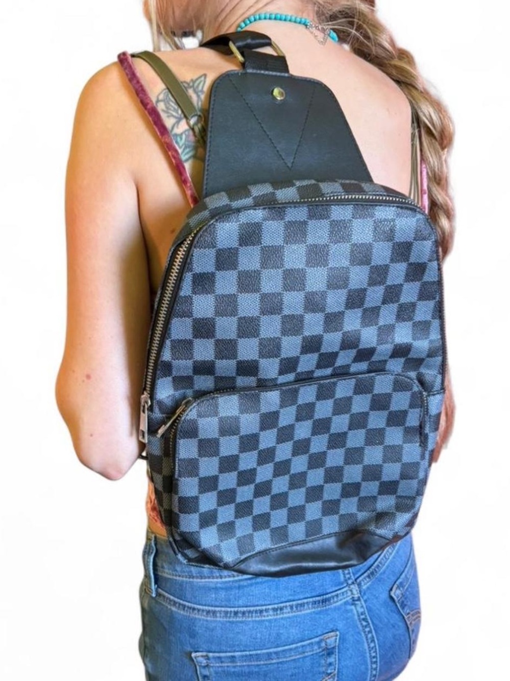 Black and gray alt skater style one shoulder checkered backpack day bag